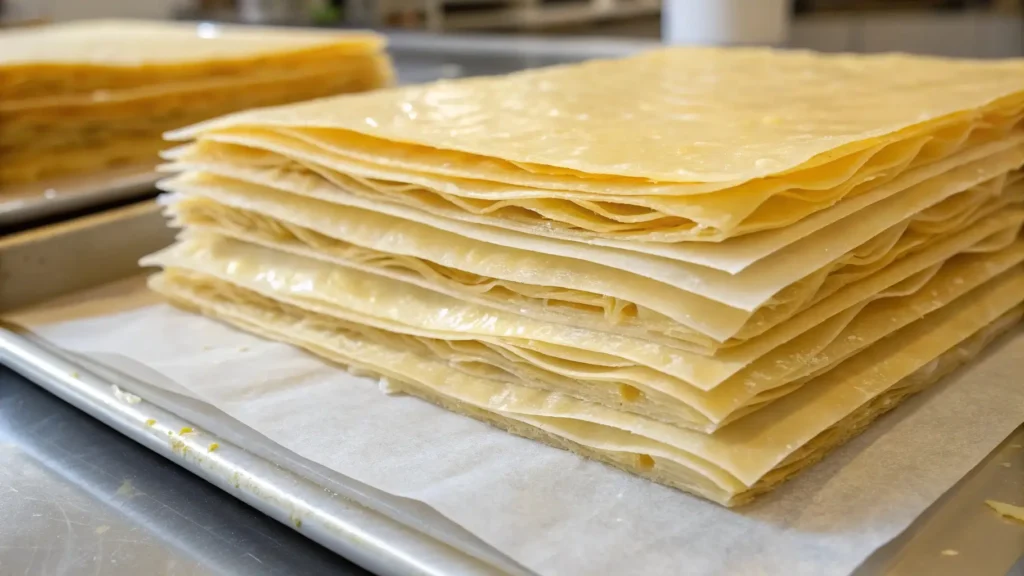 Filo pastry sheets prepared for wrapping fish