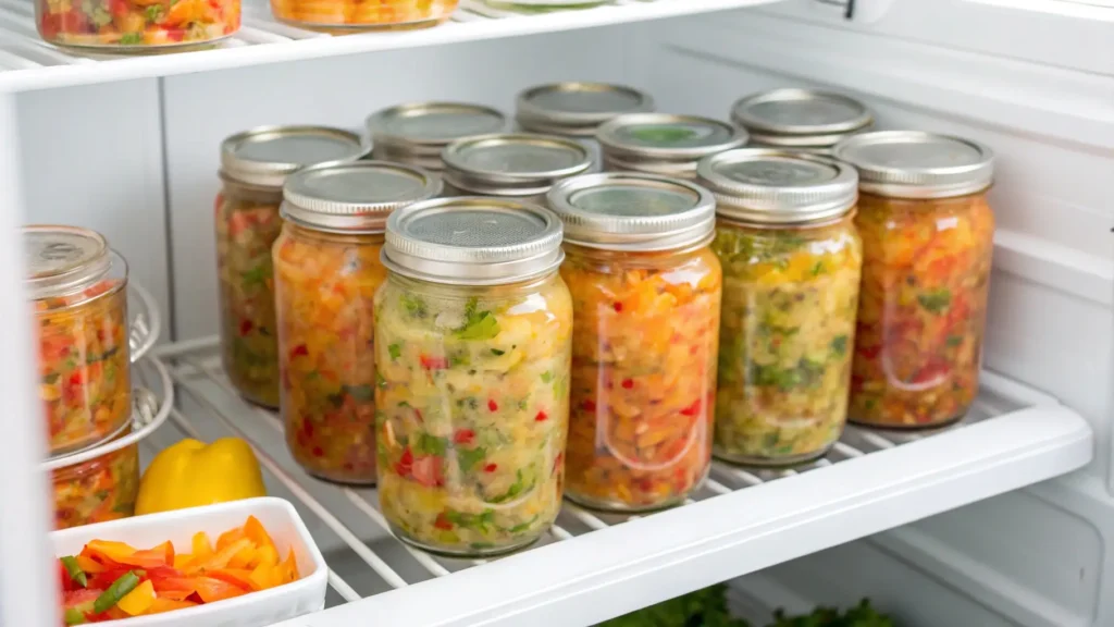 finished chow chow jars stored in refrigerator