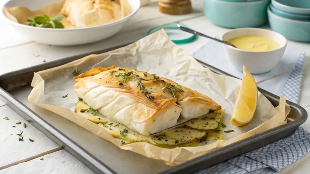 Fish wrapped in filo pastry, ready for baking