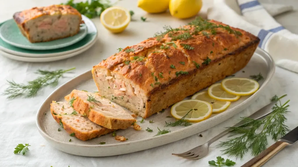 Freshly baked tuna and salmon loaf with garnishes