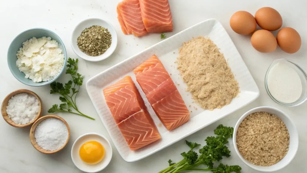 Ingredients for tuna and salmon loaf arranged on a kitchen counter