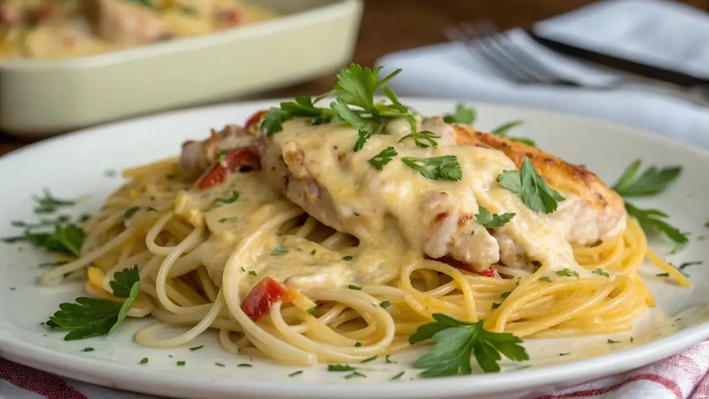 Serving cheesy chicken spaghetti on a plate