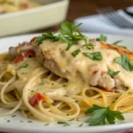 Serving cheesy chicken spaghetti on a plate