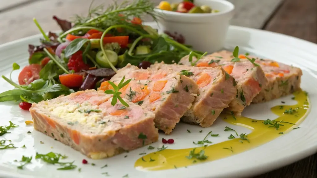 Sliced tuna and salmon loaf served on a plate with a side salad