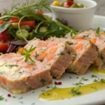 Sliced tuna and salmon loaf served on a plate with a side salad