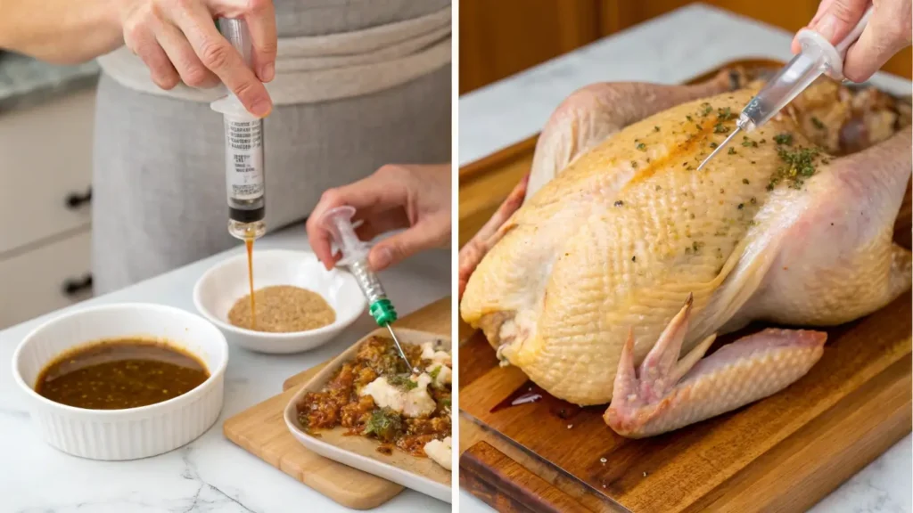 Injecting marinade into turkey with a syringe