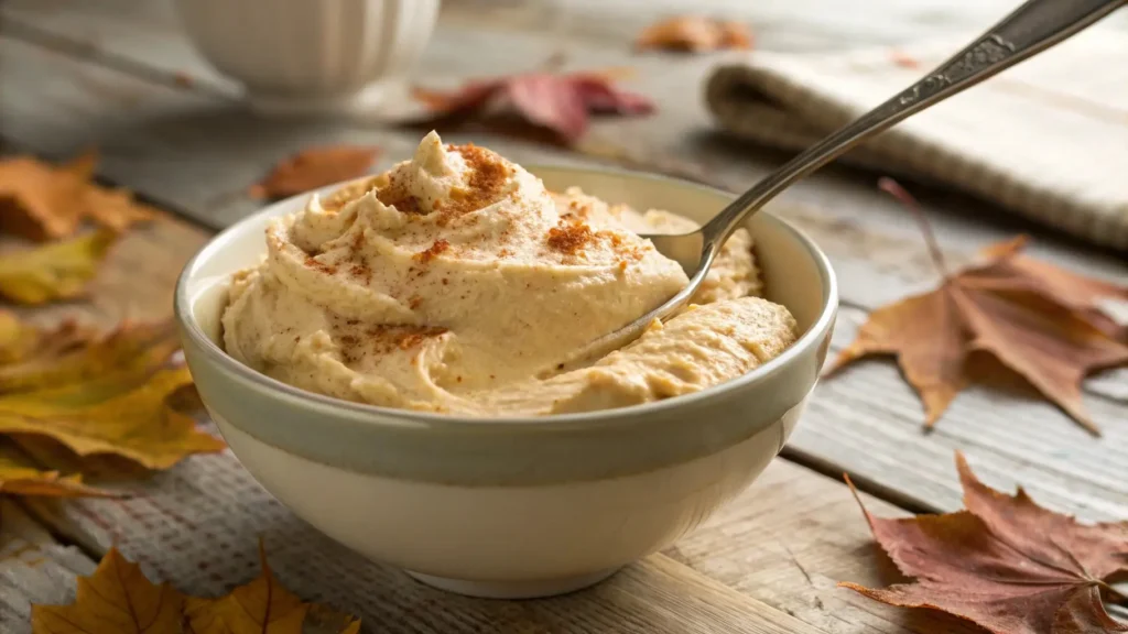 A bowl of creamy pumpkin fluff with cinnamon sprinkled on top.