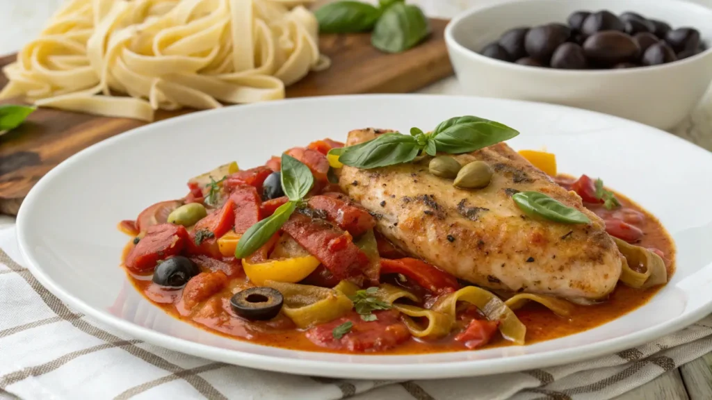 A beautifully plated dish of Chicken Calabrese, garnished with fresh herbs