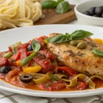 A beautifully plated dish of Chicken Calabrese, garnished with fresh herbs
