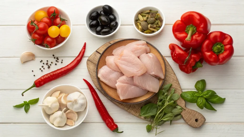 A collection of ingredients for Chicken Calabrese, including chicken, tomatoes, olives, and bell peppers