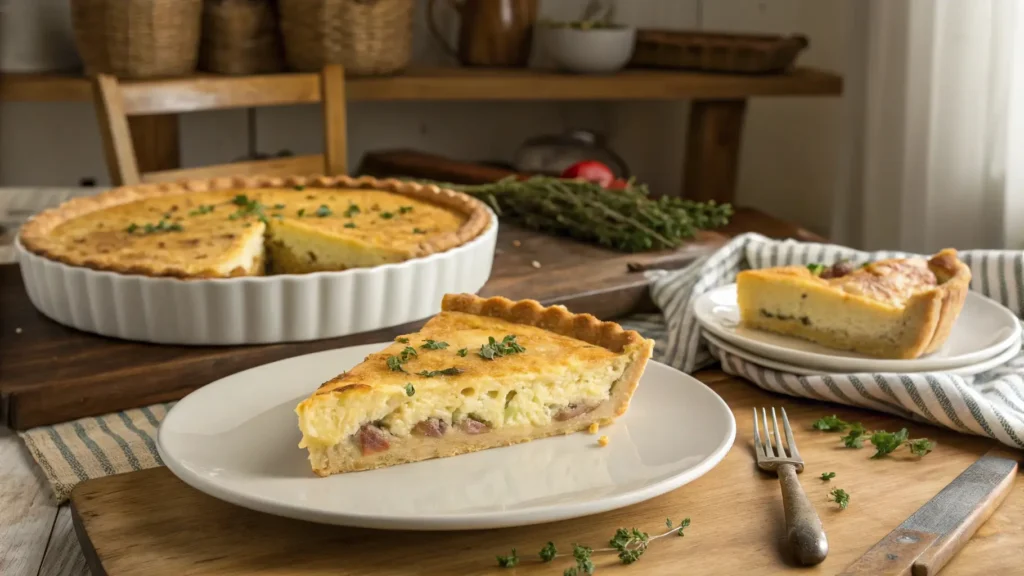 A freshly baked sausage quiche on a plate