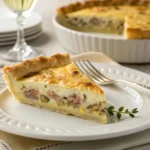A slice of sausage quiche on a plate with a fork