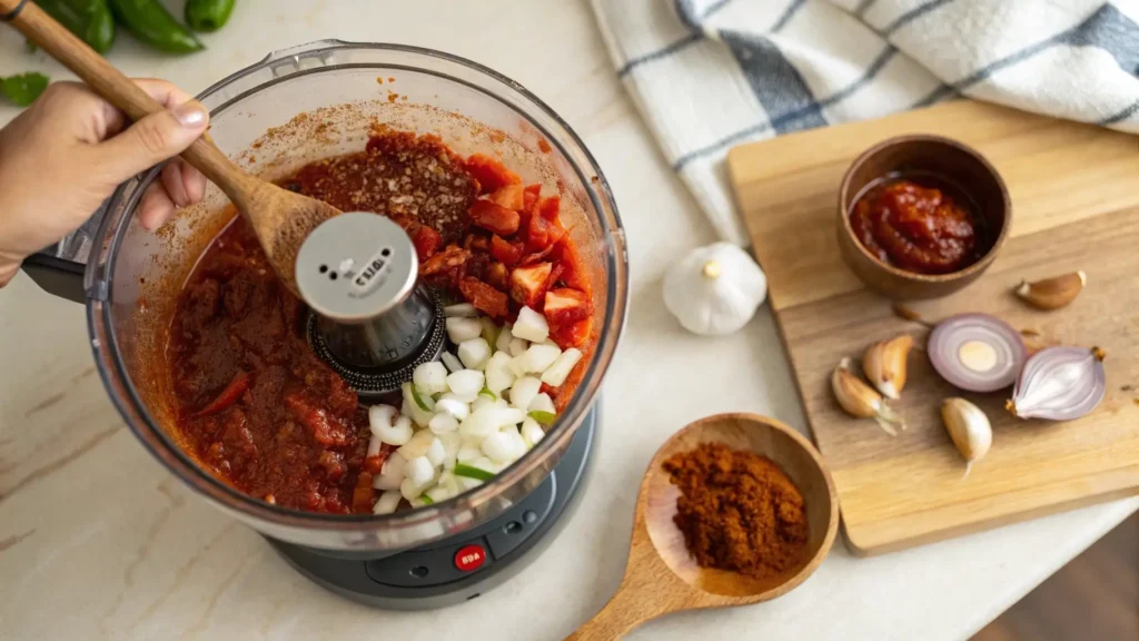 Blending guajillo sauce ingredients.