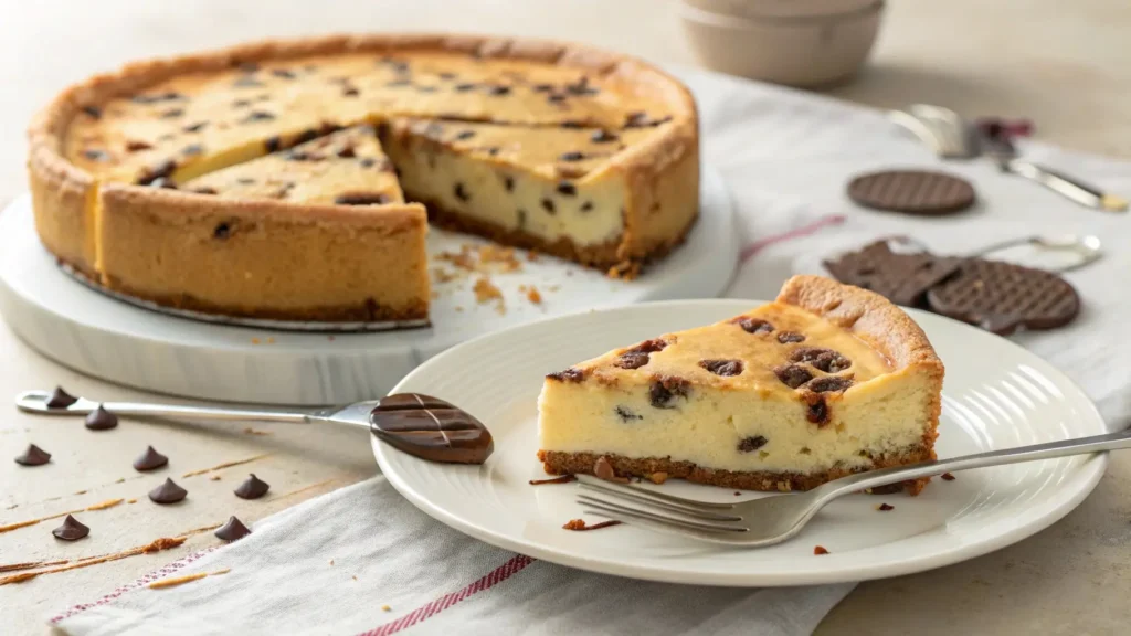 Chocolate chip cheesecake on a plate with a fork.