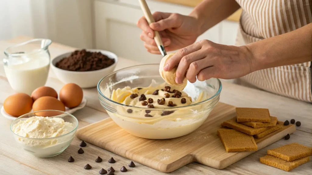 Chocolate chip cheesecake being prepared in a kitchen.