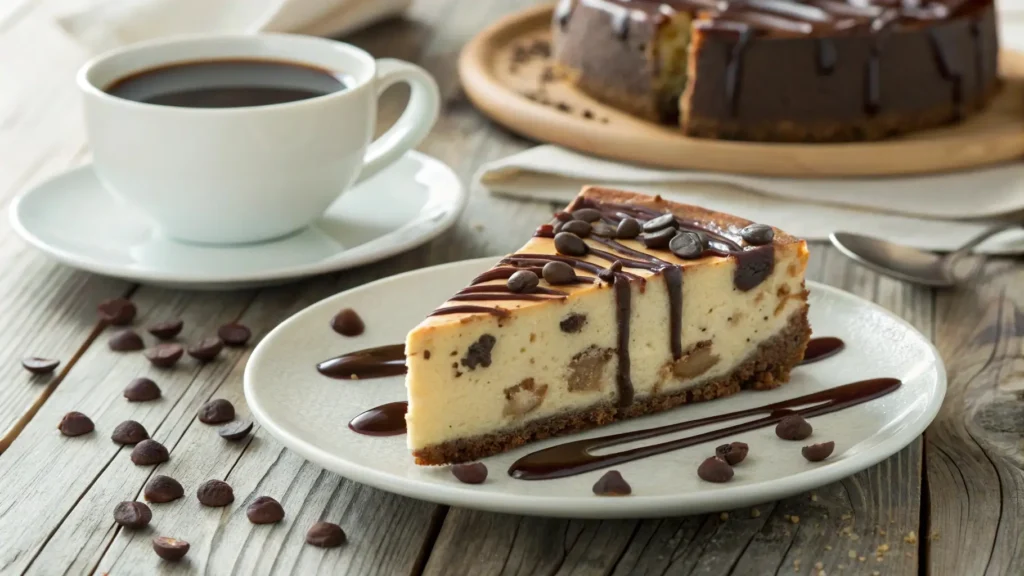 A slice of chocolate chip cheesecake with a drizzle of chocolate sauce.