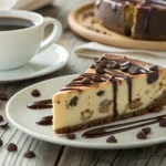 A slice of chocolate chip cheesecake with a drizzle of chocolate sauce.