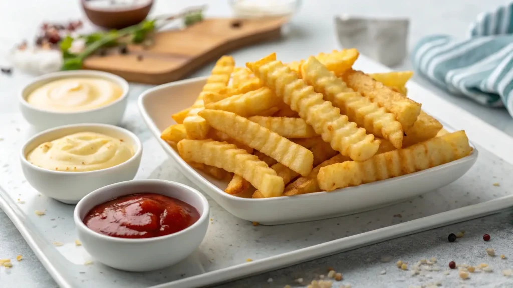 Crinkle cut fries served with dipping sauces