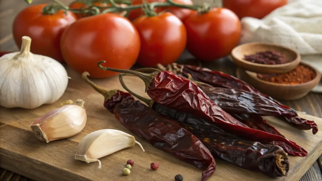 Dried and fresh guajillo peppers on a wooden surface.