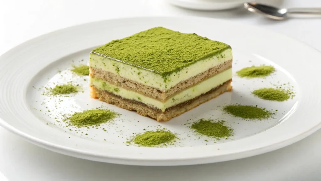 Finished matcha tiramisu topped with matcha powder and served in individual portions