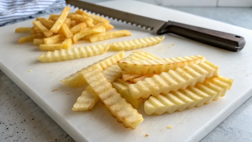 Freshly sliced crinkle cut fries ready for frying