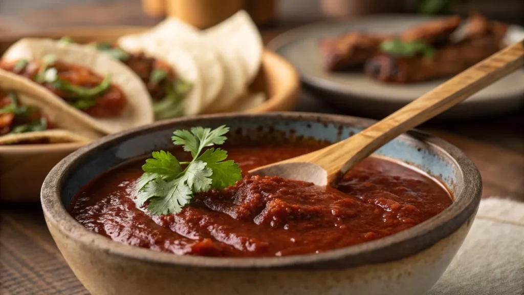 Guajillo sauce in a bowl with a spoon.