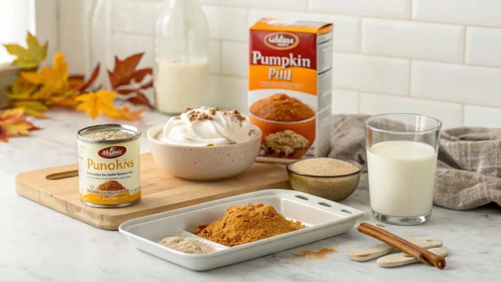 Ingredients for pumpkin fluff recipe arranged on a kitchen counter.