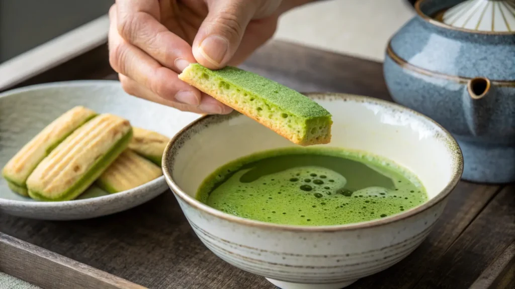 Ladyfingers dipped in matcha soak before layering