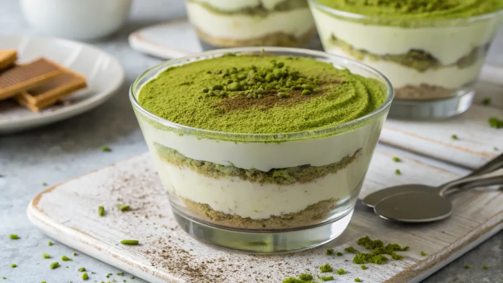 Matcha tiramisu in a glass dish with a dusting of matcha powder