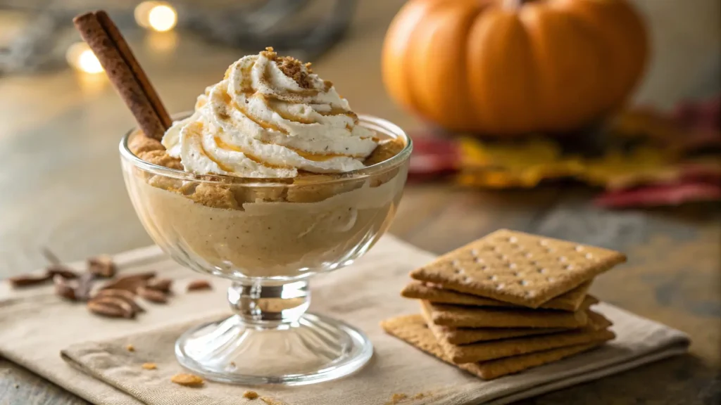 A serving of pumpkin fluff in a dessert cup with graham crackers.