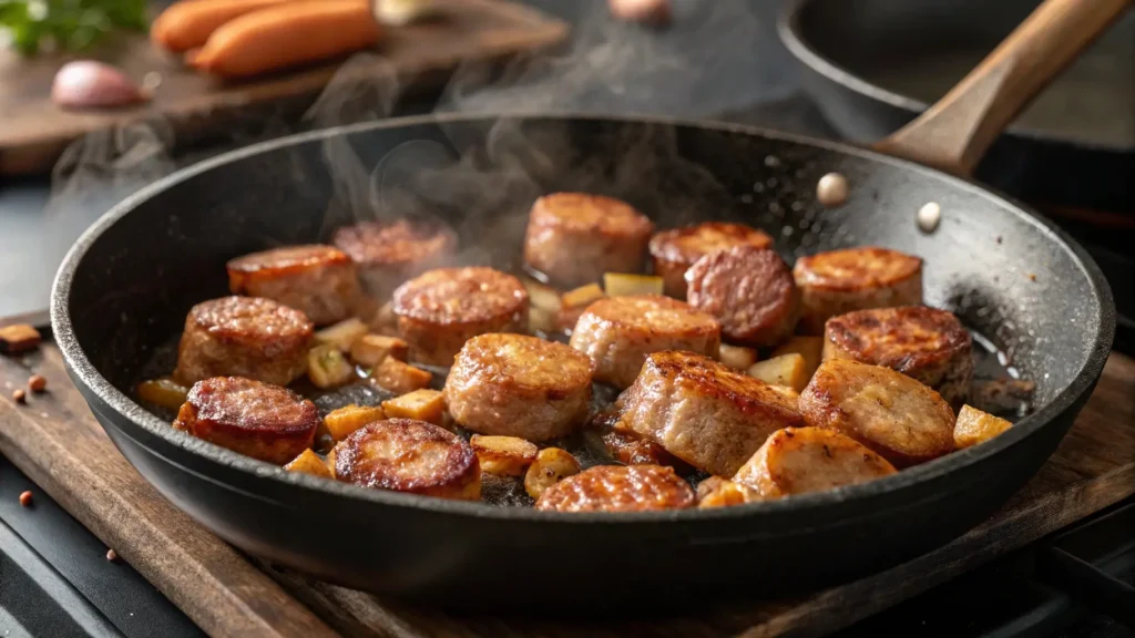 Sausage being browned in a skillet