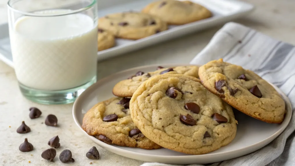A plate of chocolate chip cookies without brown sugar served with a glass of milk.