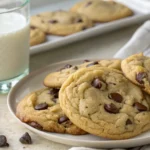 A plate of chocolate chip cookies without brown sugar served with a glass of milk.