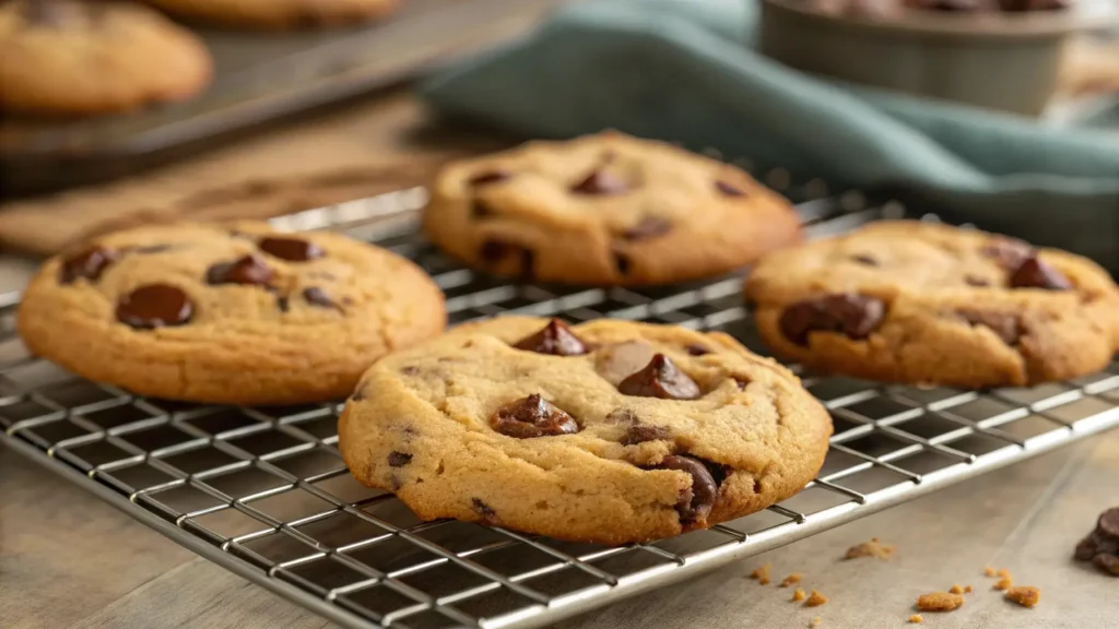 Fresh chocolate chip cookies without brown sugar on a cooling rack