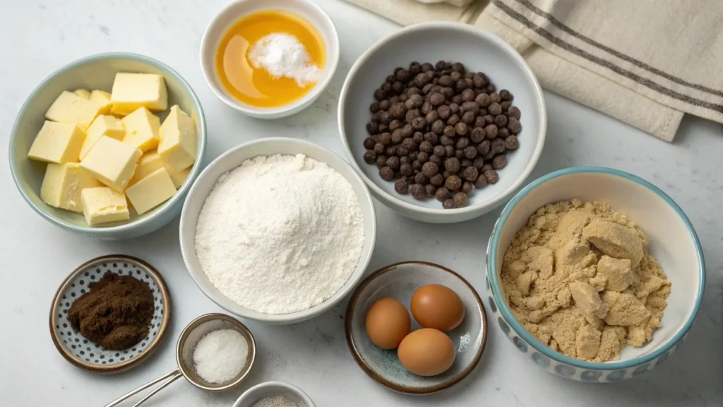 Ingredients for chocolate chip cookies without brown sugar arranged on a kitchen counter.