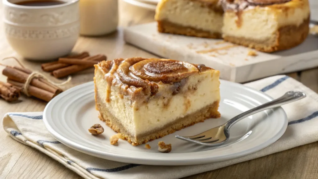 Slice of cinnamon roll honeybun cheesecake on a plate with a fork beside it
