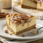 Slice of cinnamon roll honeybun cheesecake on a plate with a fork beside it