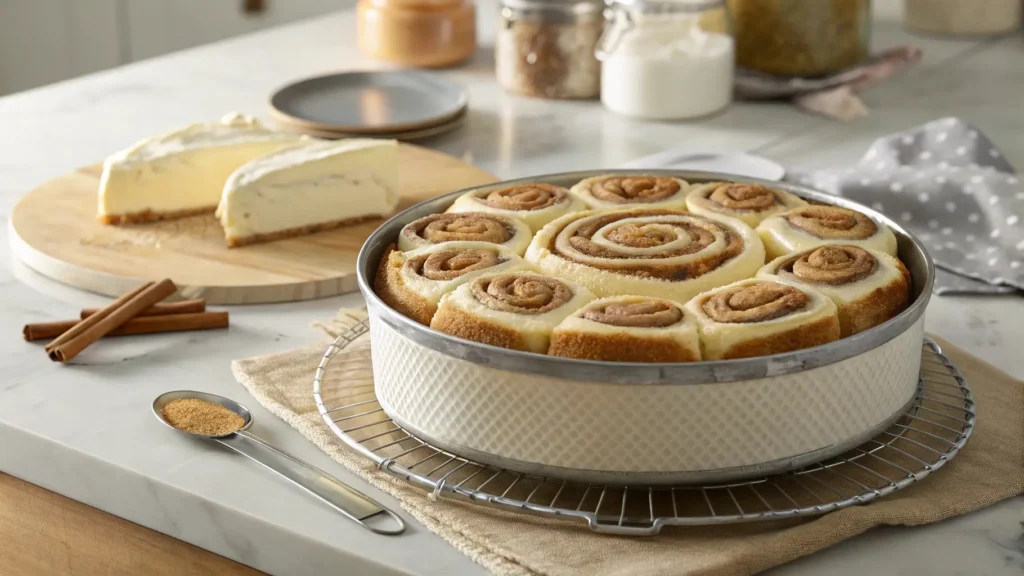 Unbaked cinnamon roll honeybun cheesecake in a springform pan