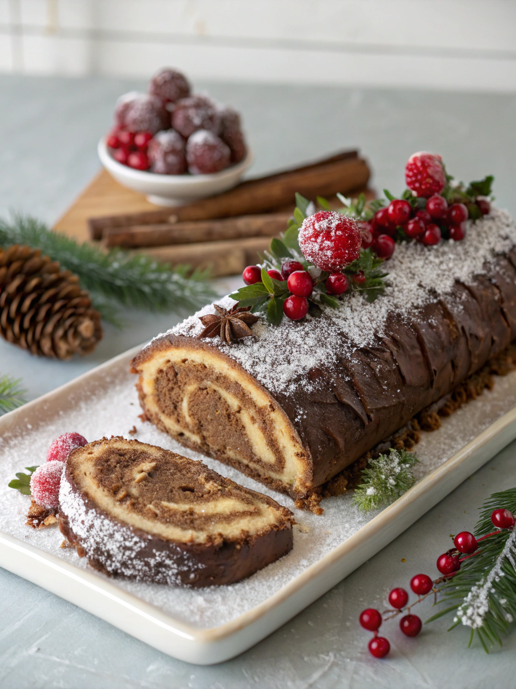 Chocolate Yule Log Cake decorated with powdered sugar and berries