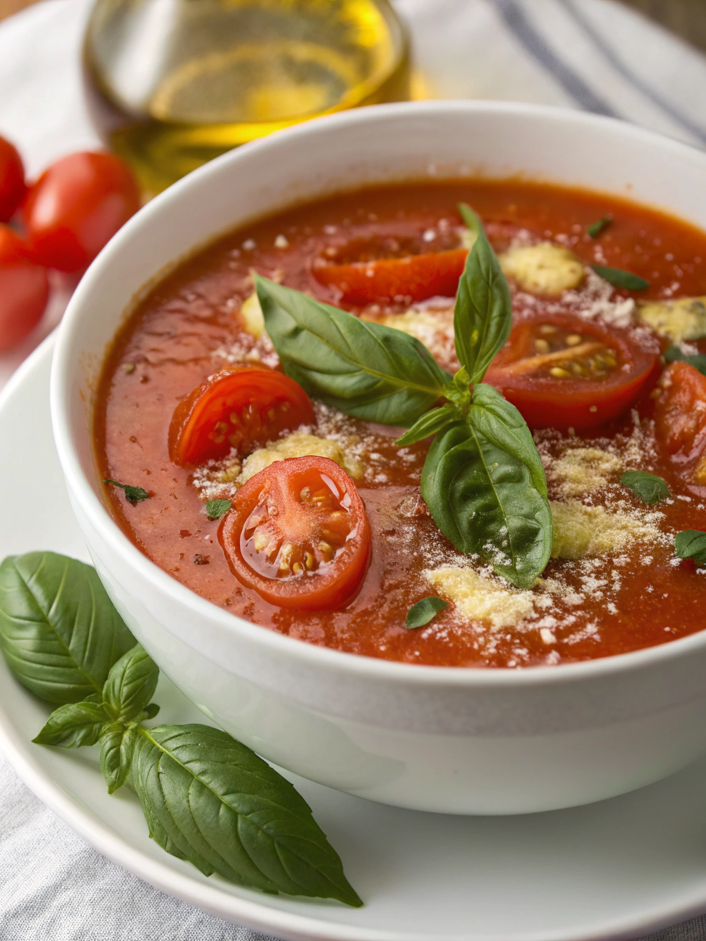 Quick 10-minute tomato basil soup in bowl with fresh basil garnish
